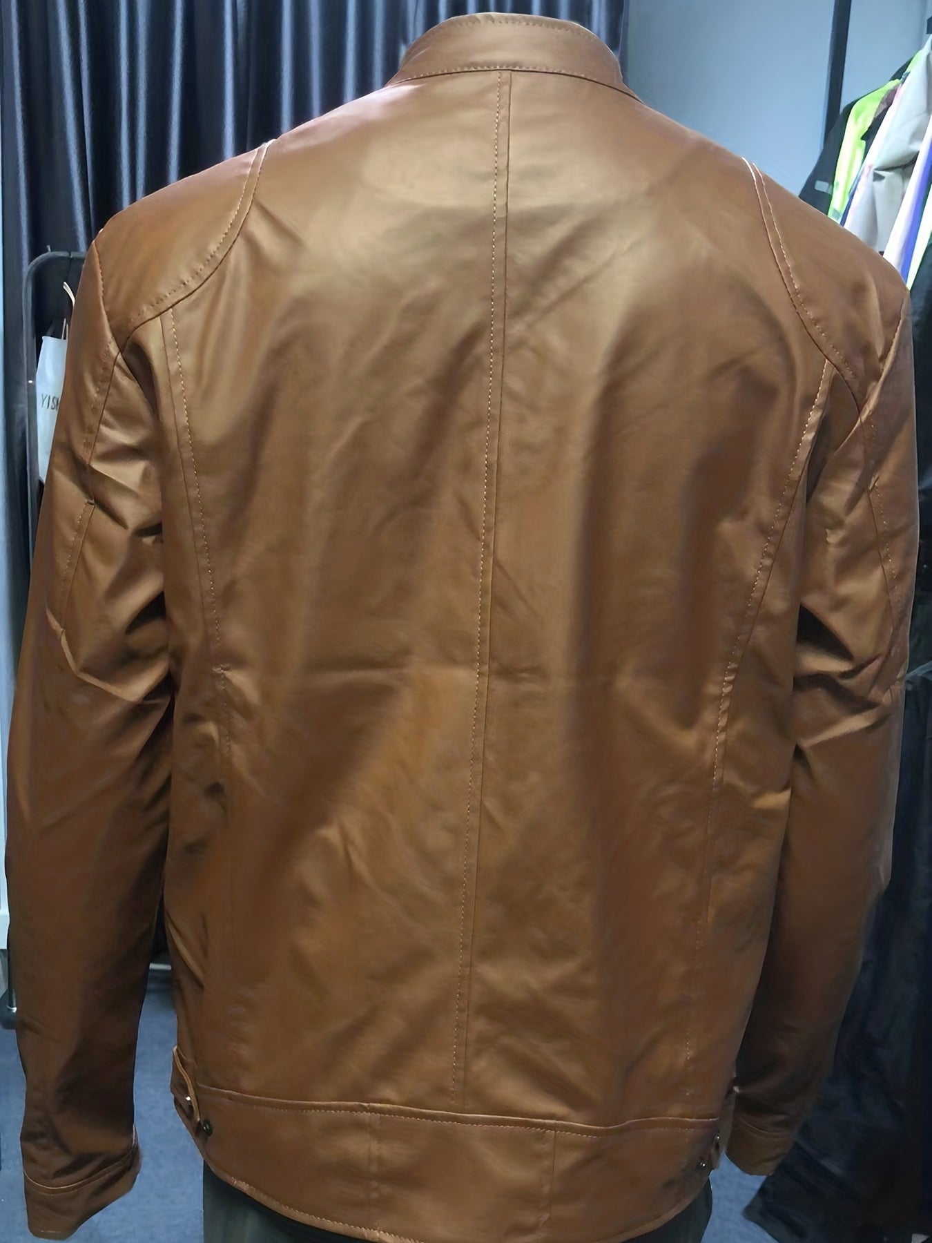 Men's Casual Zip Up PU Jacket Stand Collar Faux Leather Spring Fall