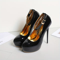 Women's Platform High Heels Patent Leather Ankle Strap Stiletto Heels