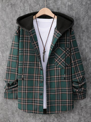 Men's Plaid Hooded Shirt Jacket Long Sleeve Regular Fit Coat