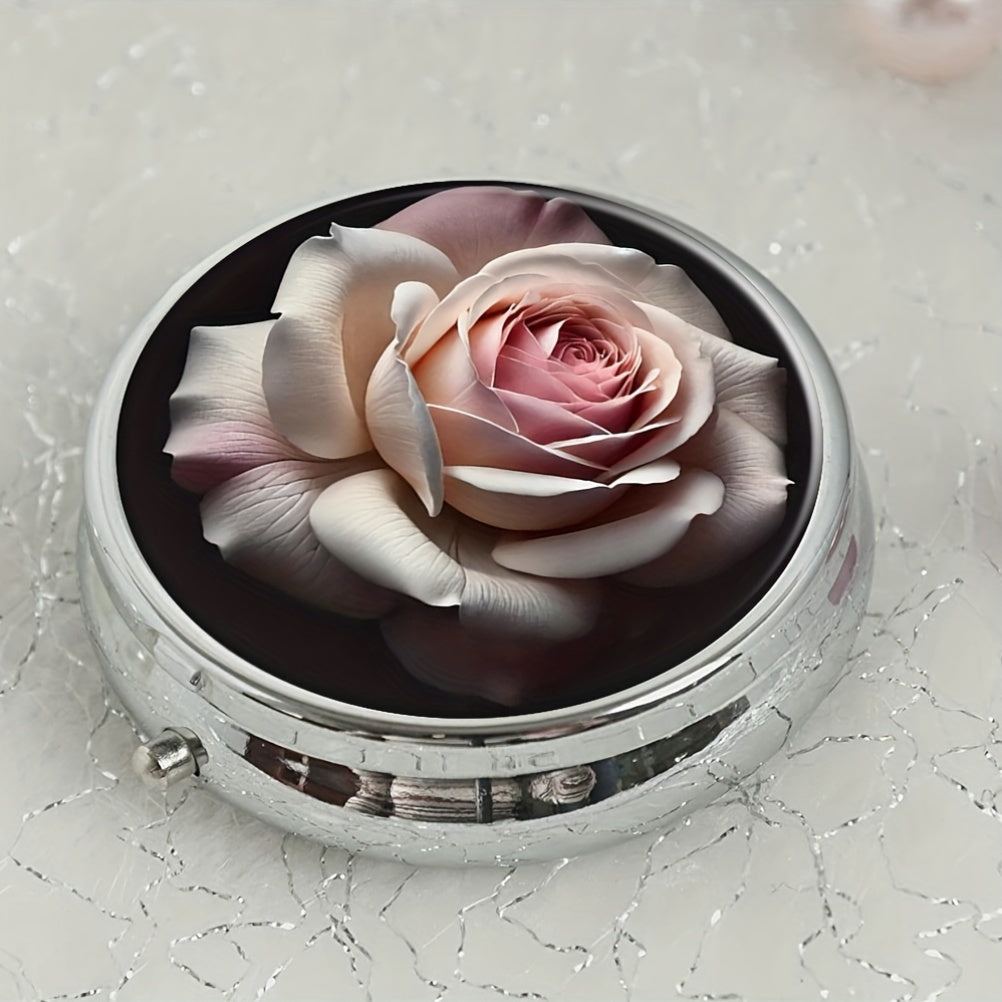 Floral Blooming Rose Round Pill Box 3 Compartment Pocket Travel Medicine Holder