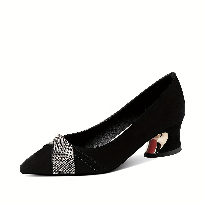 Women's Rhinestone Mid Heeled Pumps Pointed Toe Slip On Chunky Heels