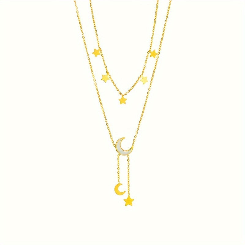 Stainless Steel Star Moon Necklace Fine Chain Resin Moon Pendant