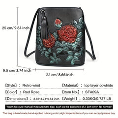 Floral Embossed Leather Crossbody Bucket Bag with Tassel