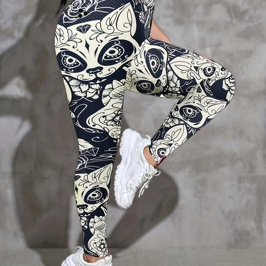 Abstract Cat & Floral Print High Stretch Yoga Leggings