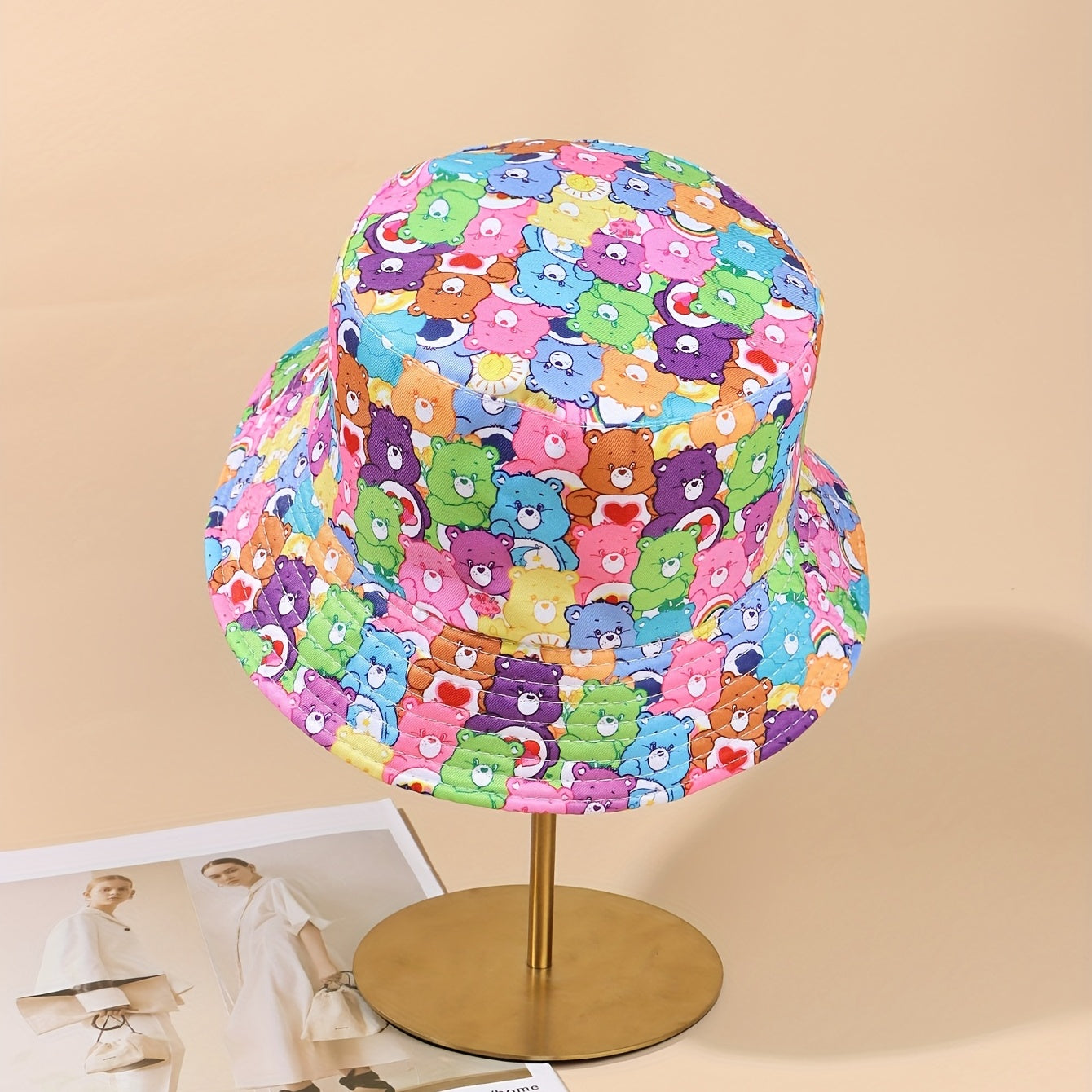 Bear Print Bucket Hat Candy Reversible Sunshade Fisherman Cap