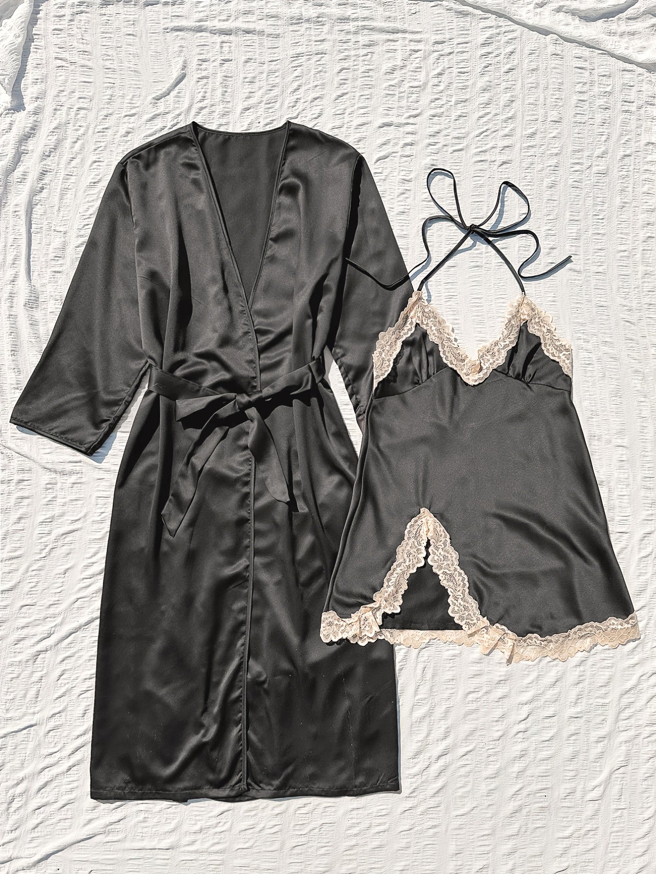 2pcs Satin Robe & Cami Dress Set with Lace Trim