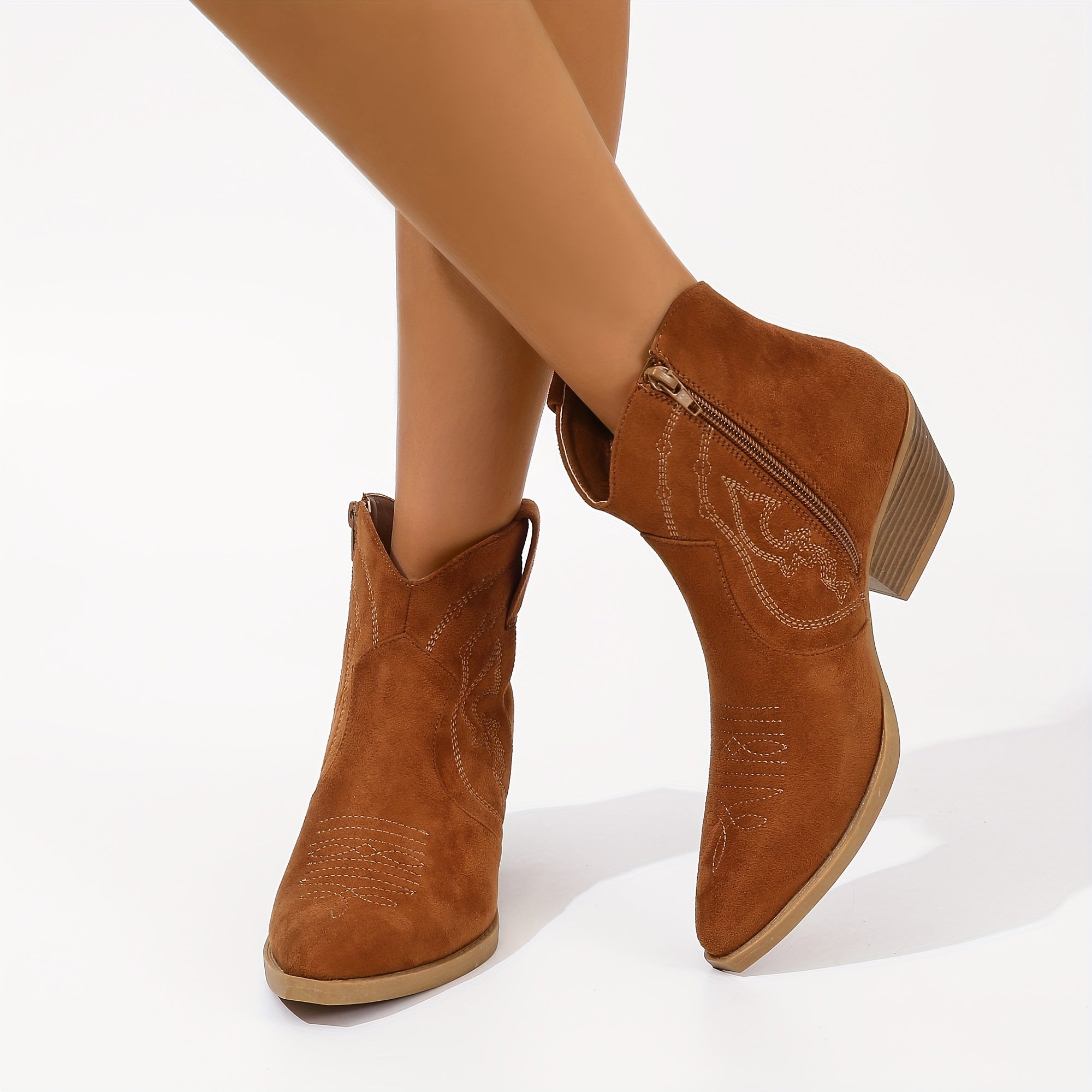 Women's Retro Western Ankle Boots Pointed Toe Solid Embroidered Chunky Heels