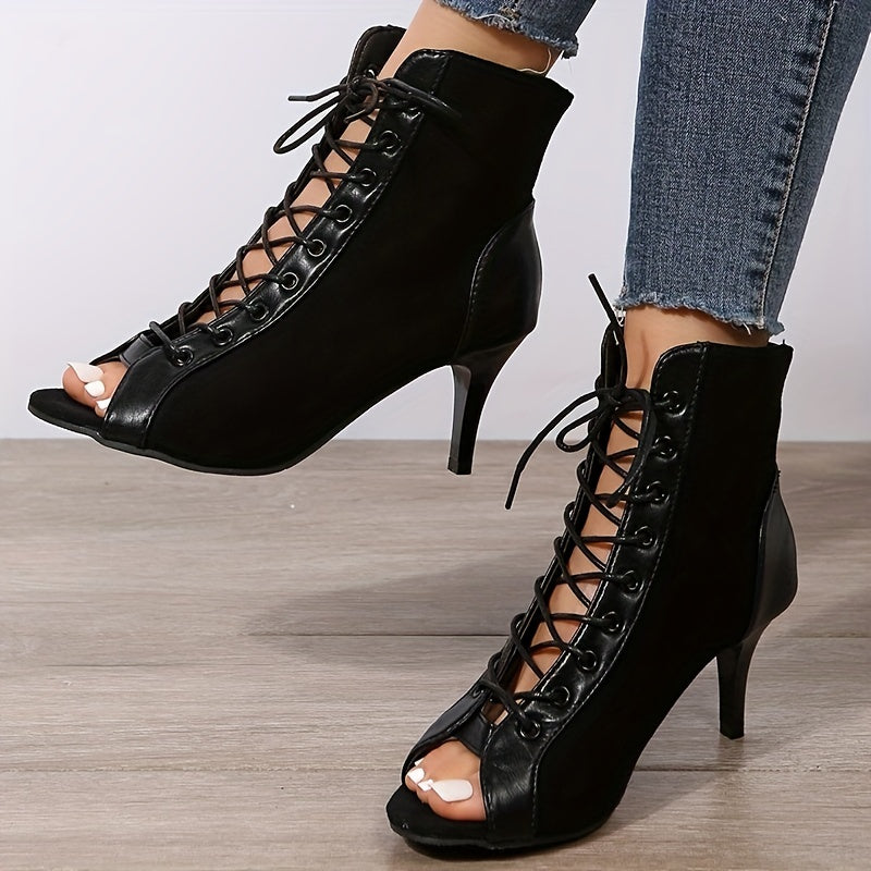 Women's Lace Up Stiletto Heels Peep Toe Suede Sandals