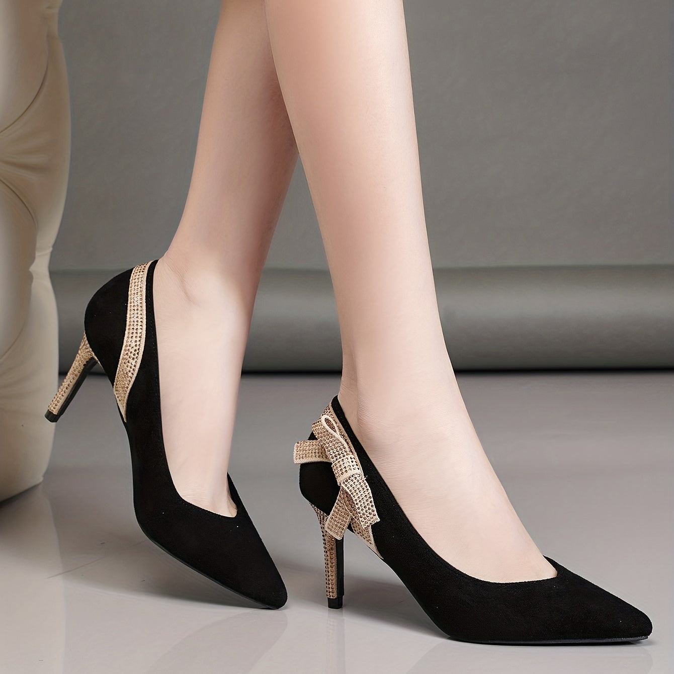 Women's Bowknot Rhinestone Pumps Pointed Toe Stiletto Heels