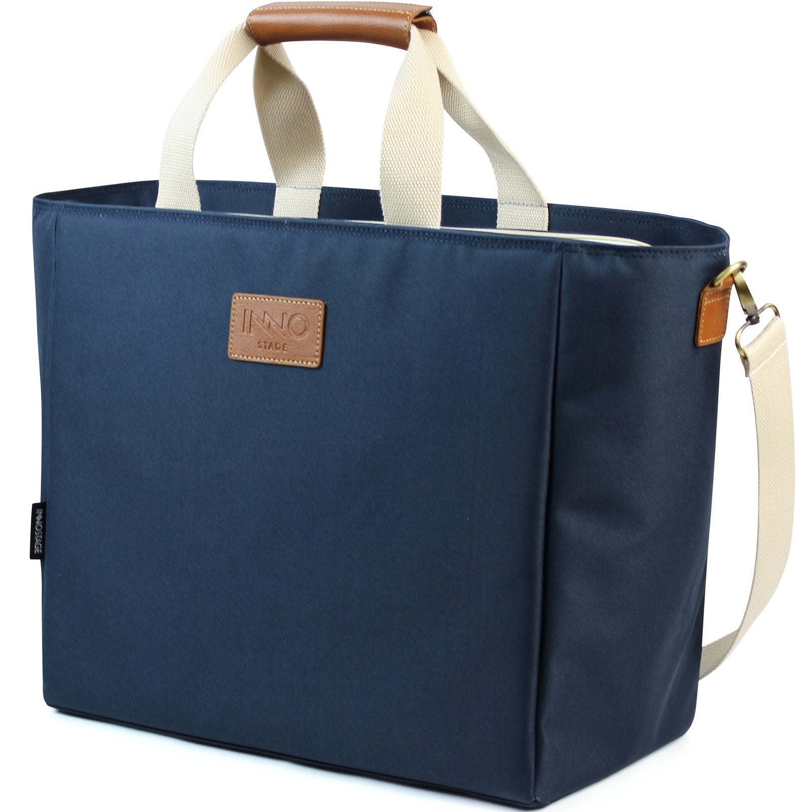 40L Insulated Picnic Cooler Tote Bag Navy Faux Leather Handles