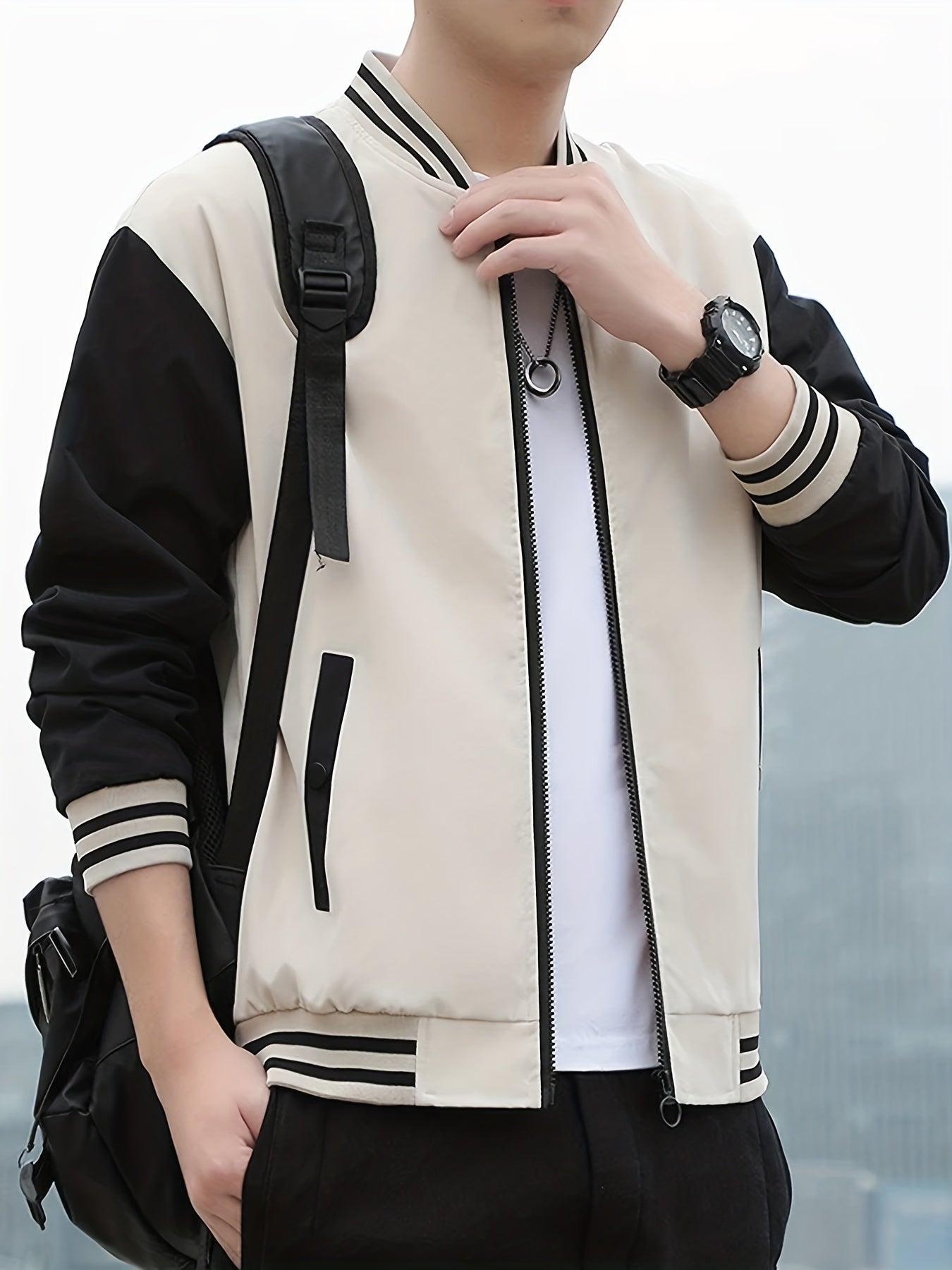 Men's Casual Block Baseball Jacket With Pocket