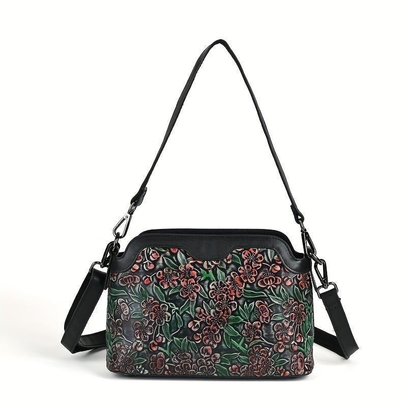 Floral Pattern Leather Crossbody Shoulder Bag Zipper Closure