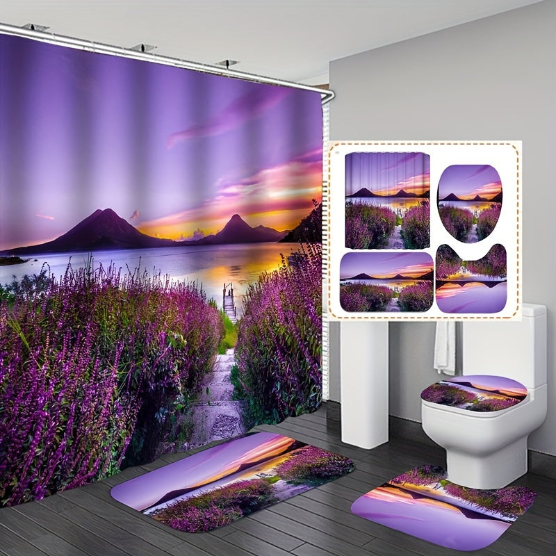 Lavender Shower Curtain Set with Non-Slip Bathroom Rug and 12 Hooks