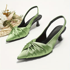 Women's Satin Kitten Heels Pointed Toe Bow Elastic Strap Slip On Low Heels