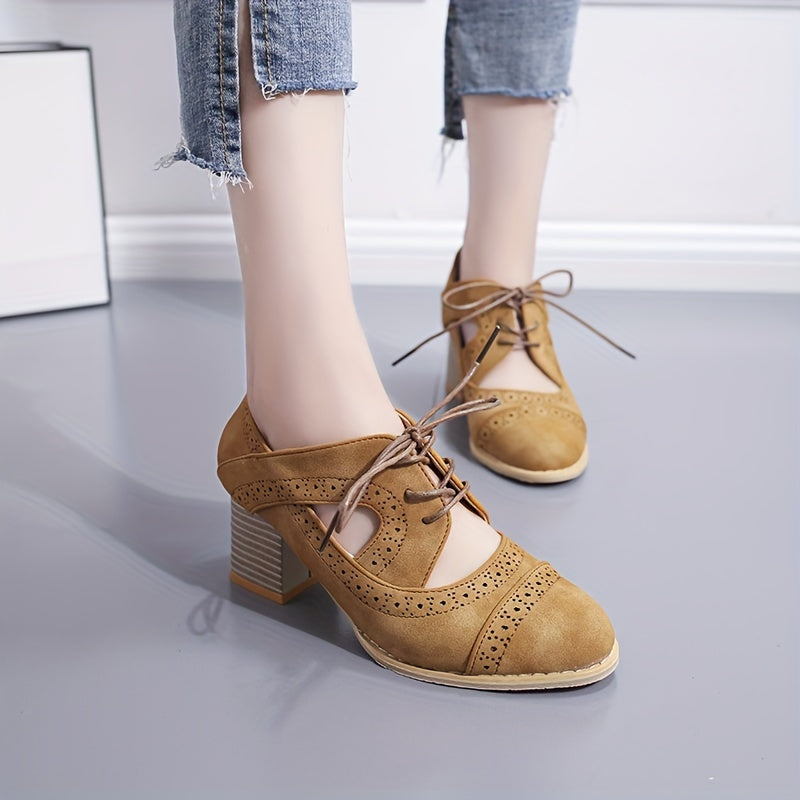 Women's Perforated Brogues Chunky Heels Cut out Lace Up Pointed Toe Short Boots
