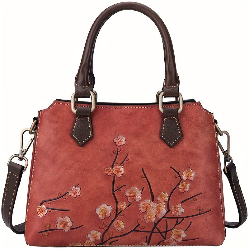 Vintage Floral Top Grain Leather Handbag Red & Coffee