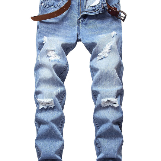 Slim Fit Ripped Jeans Men's Distressed Denim Pants