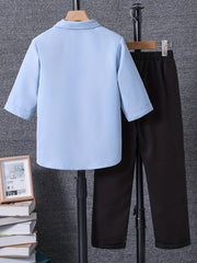 Boy's 2pcs Shirt & Pants Set Letter Print Patched Short Sleeve Top
