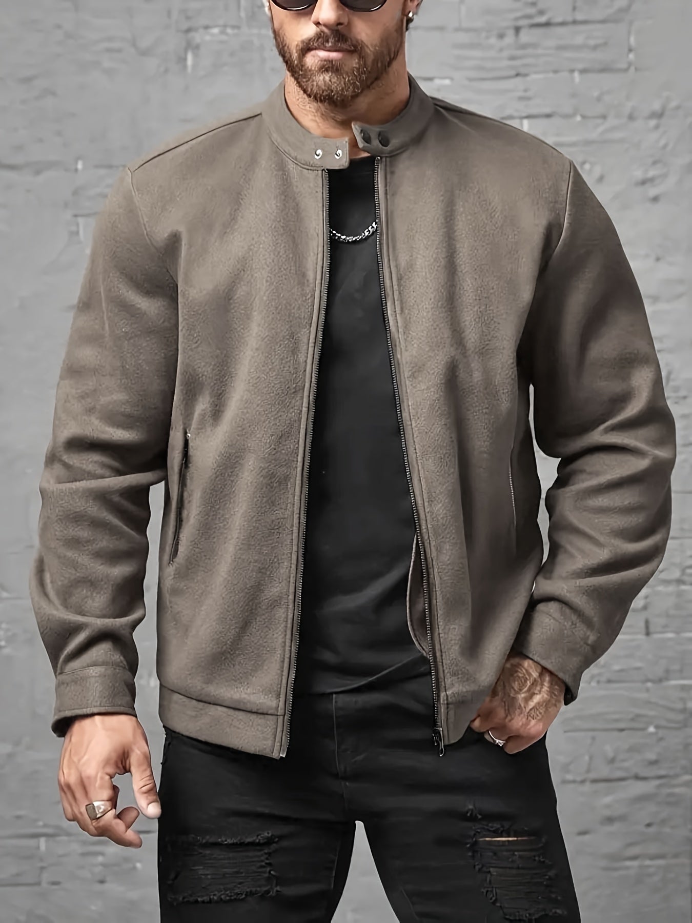 Men's PU Jacket Stand Collar Zip-Up Faux Leather