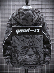 Geometric Pattern Hooded Windbreaker Jacket Men's Zip Up Jacket