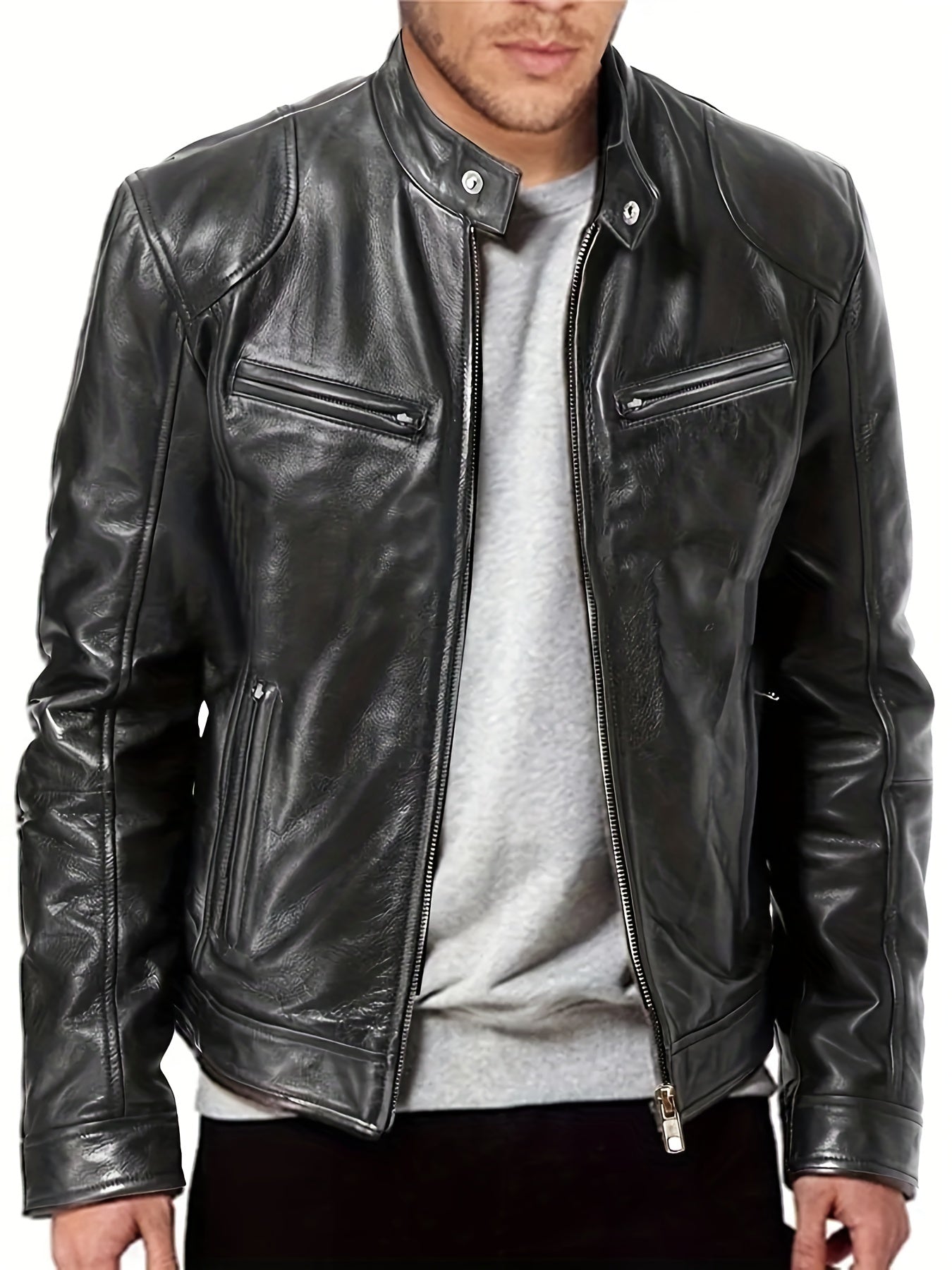 PU Biker Jacket Men's Casual Pockets Zip Up Stand Collar Faux Leather Jacket