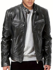 PU Biker Jacket Men's Casual Pockets Zip Up Stand Collar Faux Leather Jacket