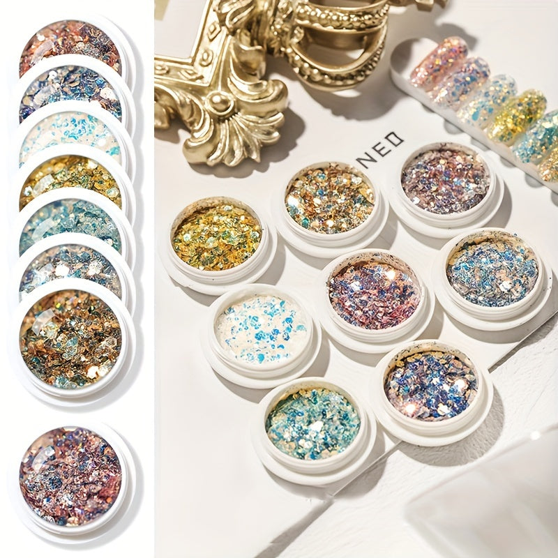 8 Boxes Nail Art Glitter Flakes Hexagon Sequins Powder for 3D Manicure