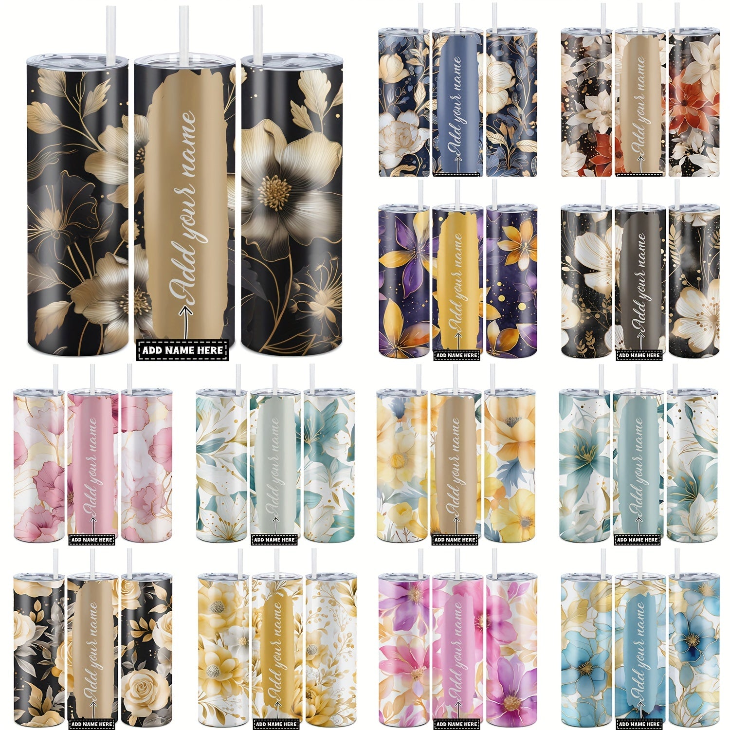 Custom Name Floral Print 20oz Stainless Steel Tumbler