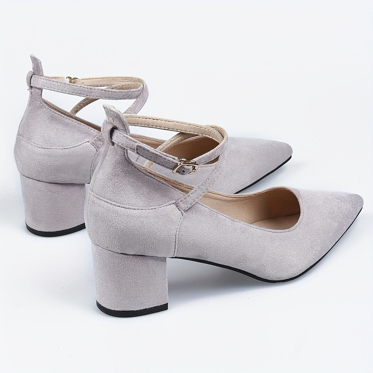 Women's Pointed Toe Chunky Heels Solid Ankle Strap Mid Heels