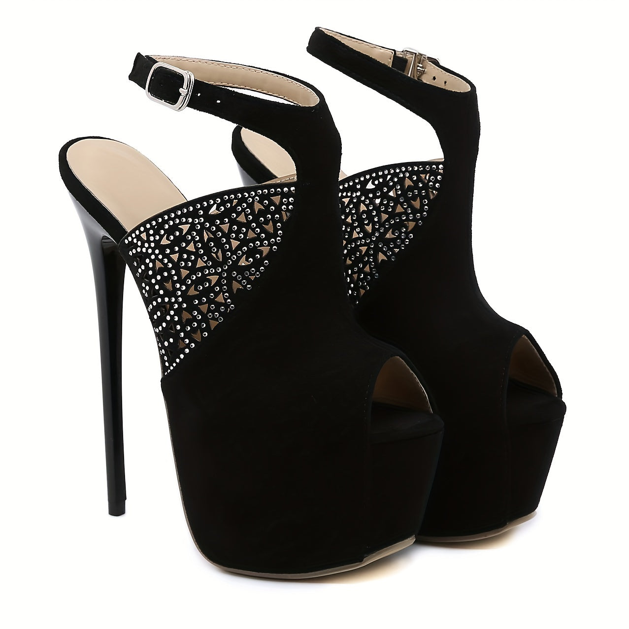 Women's Peep Toe Stiletto Heels Hollow Out Platform Shoes with Rhinestone Decor