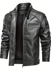 Men's Solid PU Zip Jacket Stand Collar