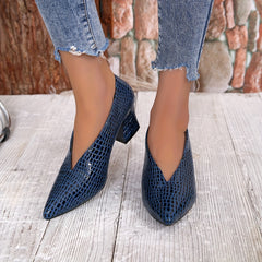 Women's Snakeskin Block Heels Point Toe Dress Pumps