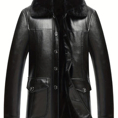 Men's Fleece PU Jacket Fur Collar Button Up Leather Jacket