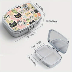 Whimsical Cat Square Pill Box Dual Compartments Compact Portable Travel Outdoor