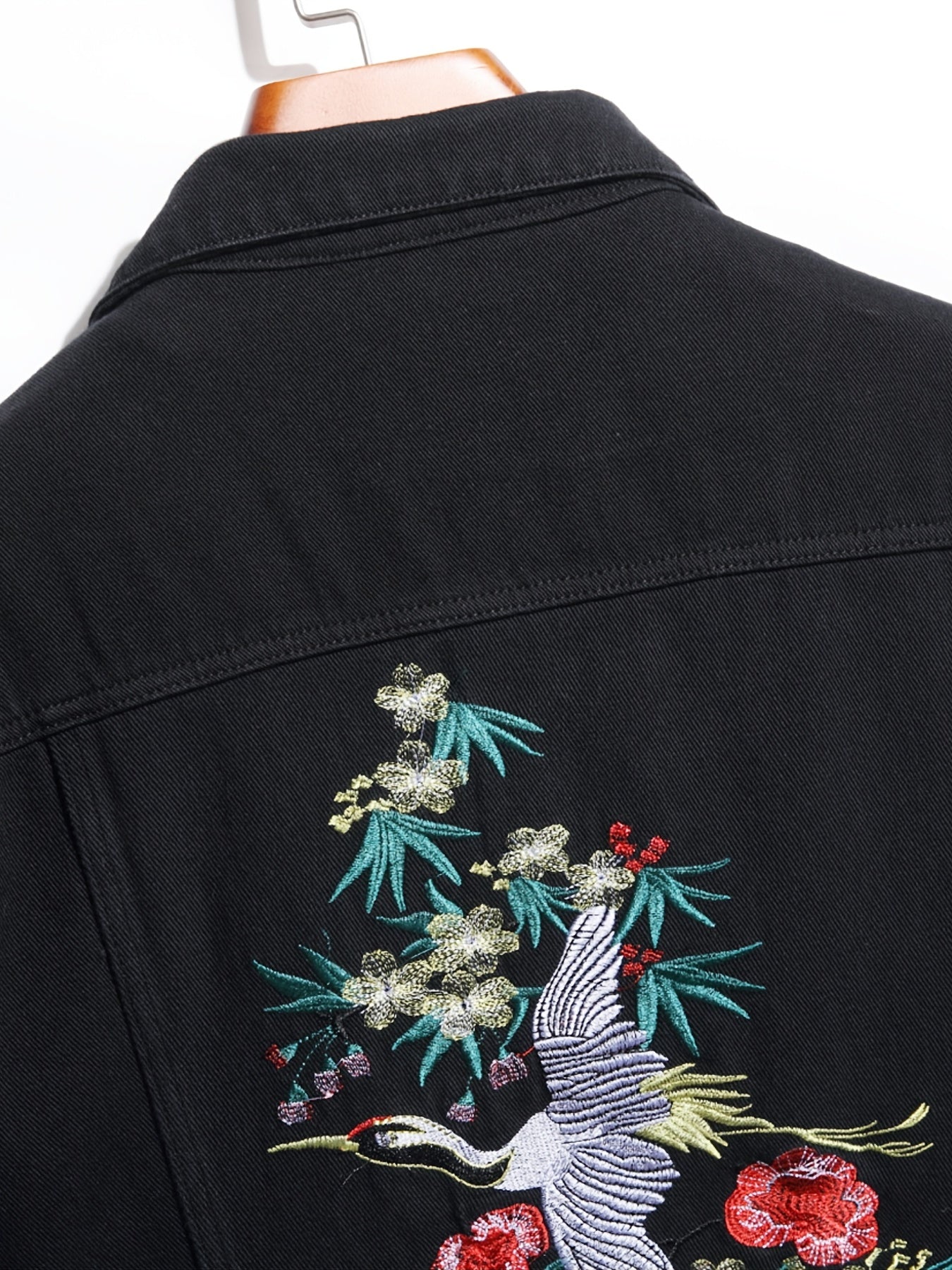 Men's Crane Embroidered Denim Jacket Hip Hop Style