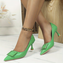 Women's Square Buckle Kitten Heels Slip On Low Pumps