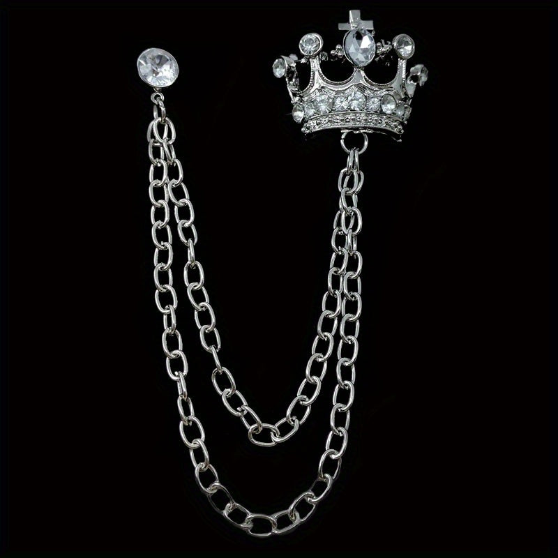 Men's Crown Brooch Rhinestone Tassel Chain Pin For Suit Shirt Backpacks Jackets
