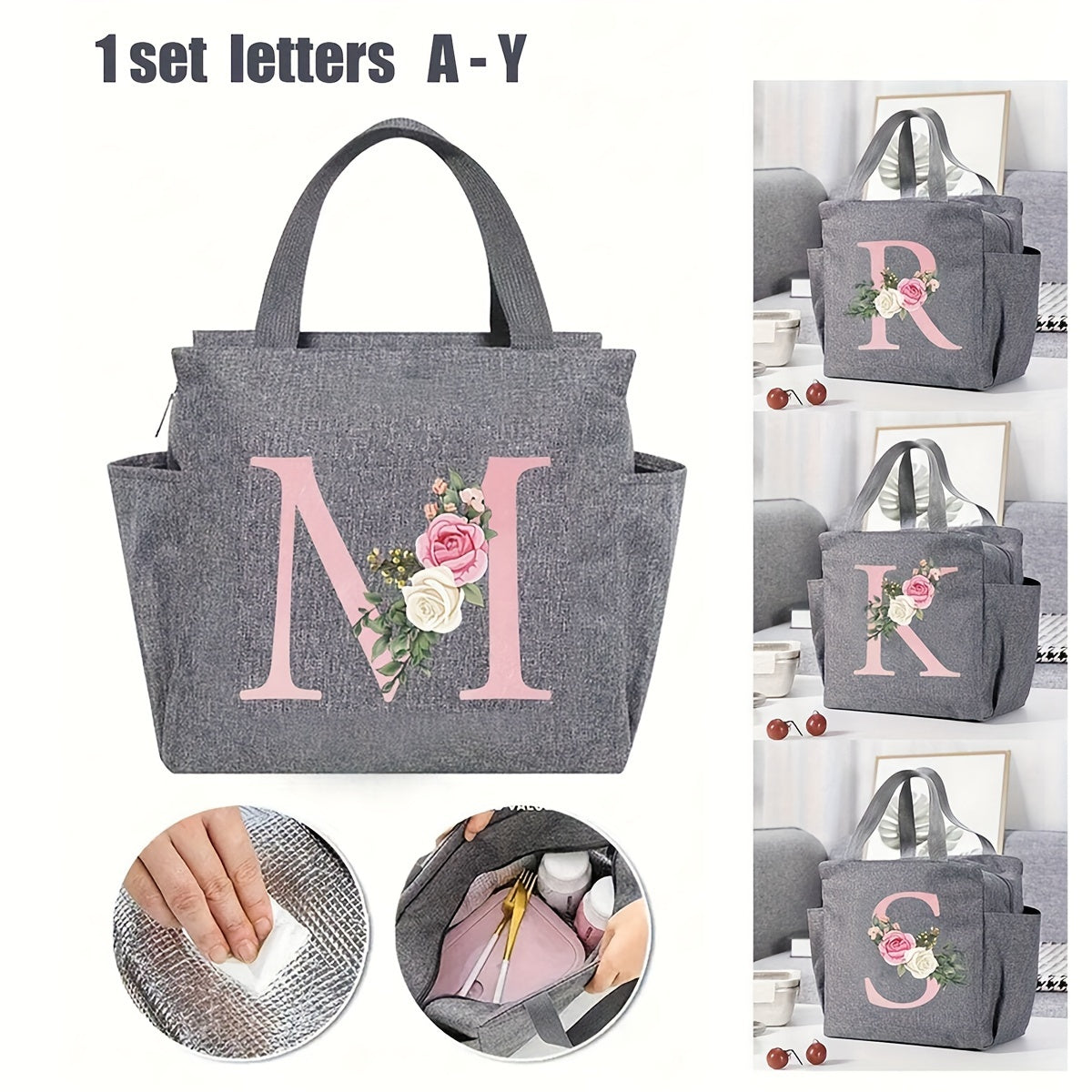 Stylish Insulated Canvas Lunch Bag Floral Print Zip Closure For Work