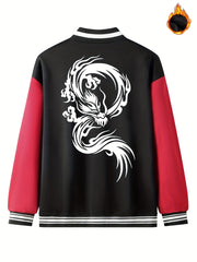 Dragon Symbol Pattern Plush Varsity Jacket Men's Jacket