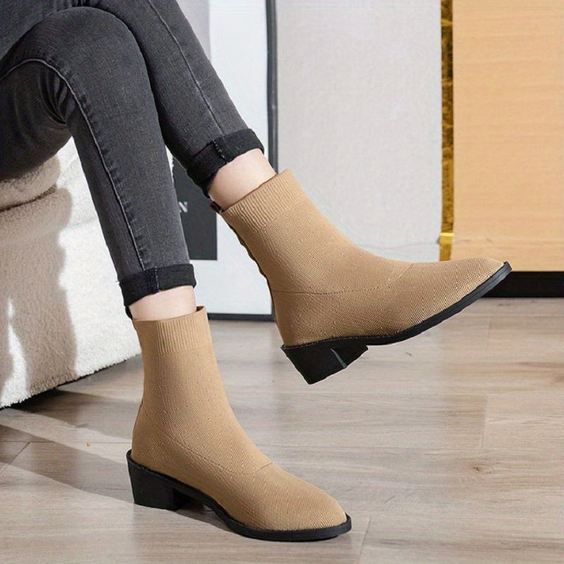 Women's Stretch Ankle Boots Knitted Chunky Heels Short Boots