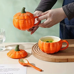 Halloween Pumpkin Ceramic Cup with Lid & Spoon for Home
