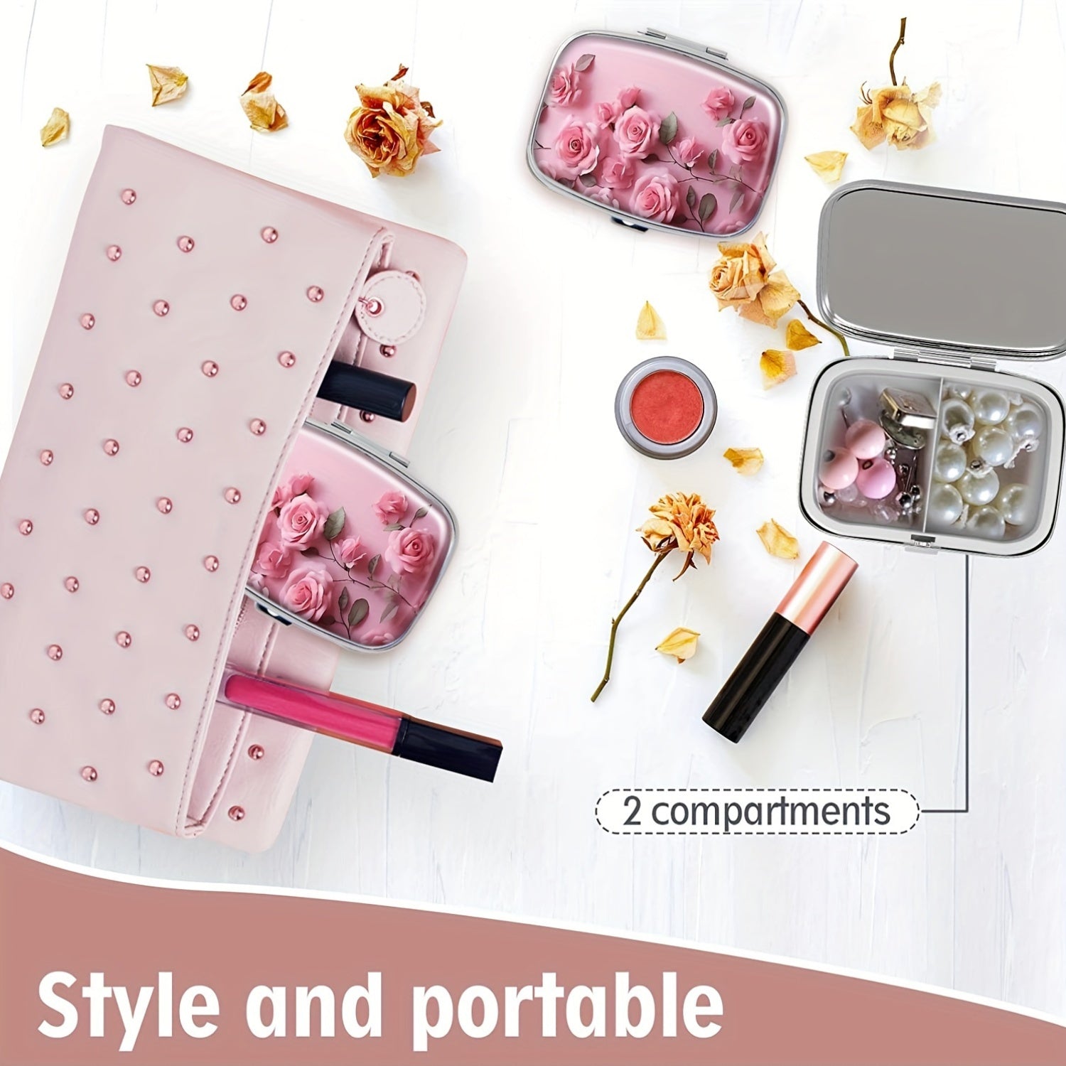Rose Petal Pink Dual Compartment Pill Case - Travel Friendly Compact Design