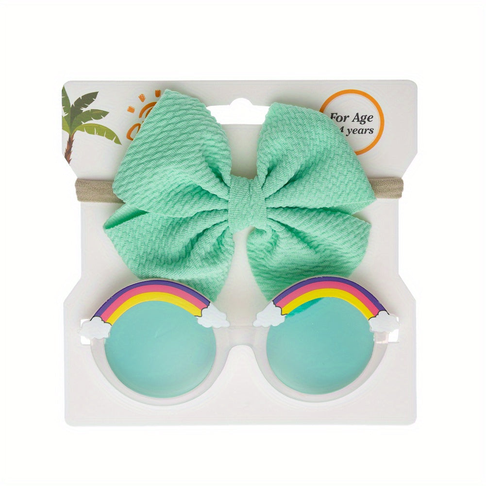 Girls Casual Bow Headband & Rainbow Sunglasses Set for Party