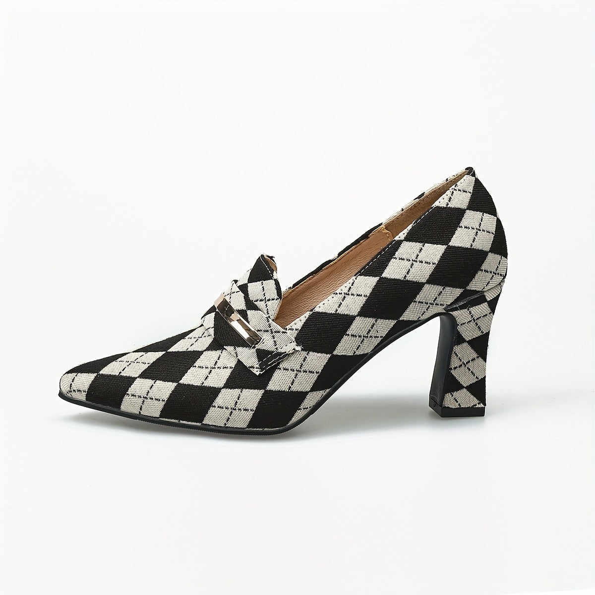 Women's Argyle Pattern Pumps Chunky Heels Slip On