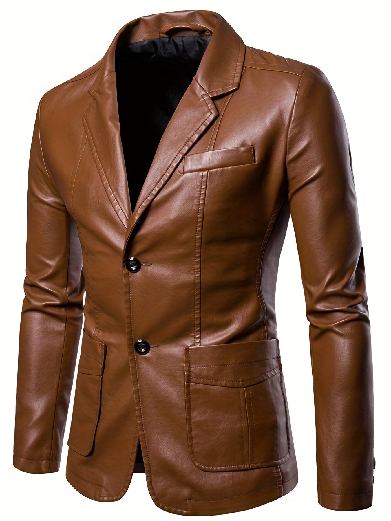 Men's Retro Style PU Jacket Button Up Lapel Faux Leather Jacket