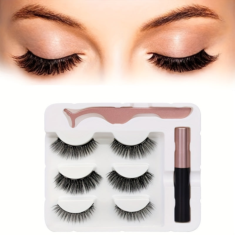 3 Pairs Magnetic Eyelashes With Eyeliner And Tweezers Reusable
