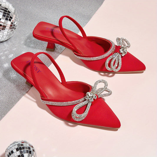 Rhinestone Bow Kitten Heel Slingback Sandals Dress Low Heels