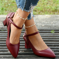 Women's Pointed Toe Pumps Ankle Strap Chunky Heels Mid Heels