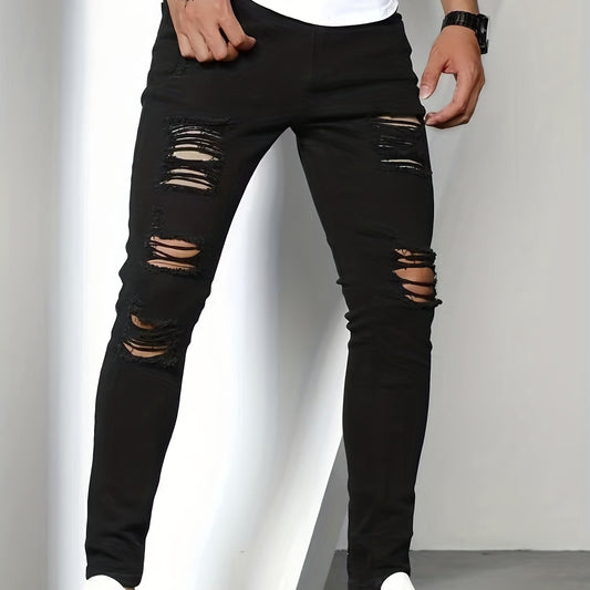 Slim Fit Ripped Jeans Mens Casual Street Style Stretch Denim Pants