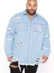 Men's Ripped Denim Jacket Street Style Button Up Collar